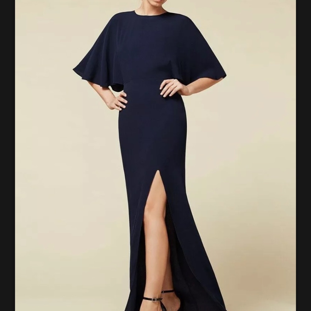 Reformation Escala Navy Long Maxi Cape Backless Dress Gown with Slit Size 4